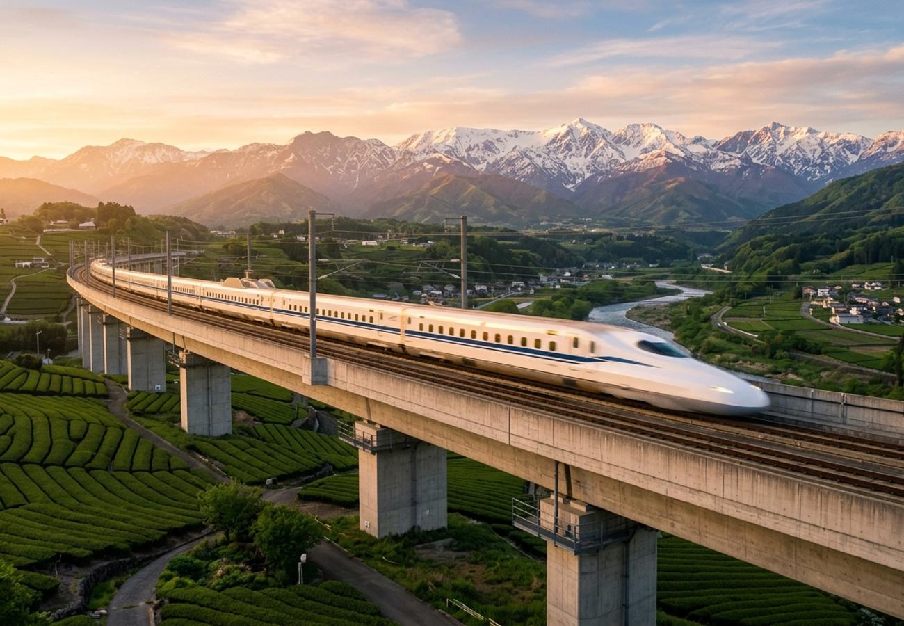 Modern high-speed bullet train traveling along an elevated viaduct in Asia with snowcapped mountains and tea terraces