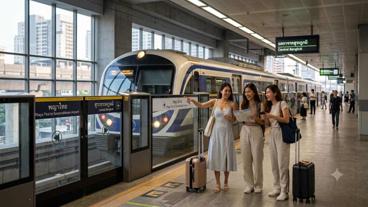 Bangkok Airport Rail Link train arriving at elevated station track in Thailand