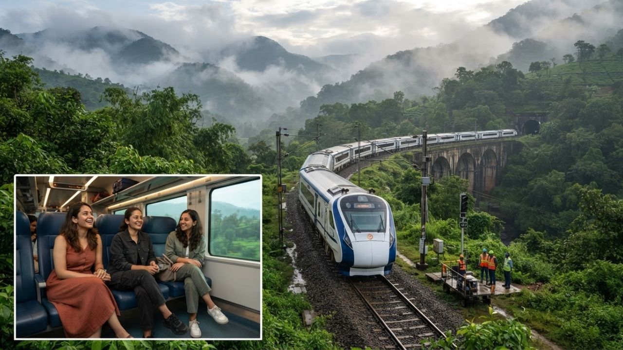 Vande Bharat Express train traveling through lush green Western Ghats mountain section