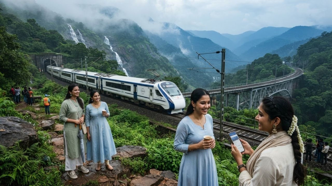 Semi-high-speed Vande Bharat Express train traversing a scenic viaduct amidst the misty green mountains of the Western Ghats