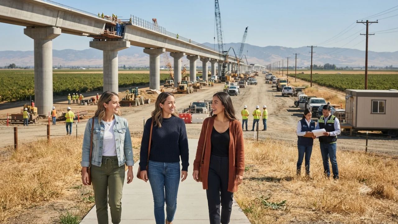 Construction viaduct and high-speed rail guideway in California Central Valley near Fresno