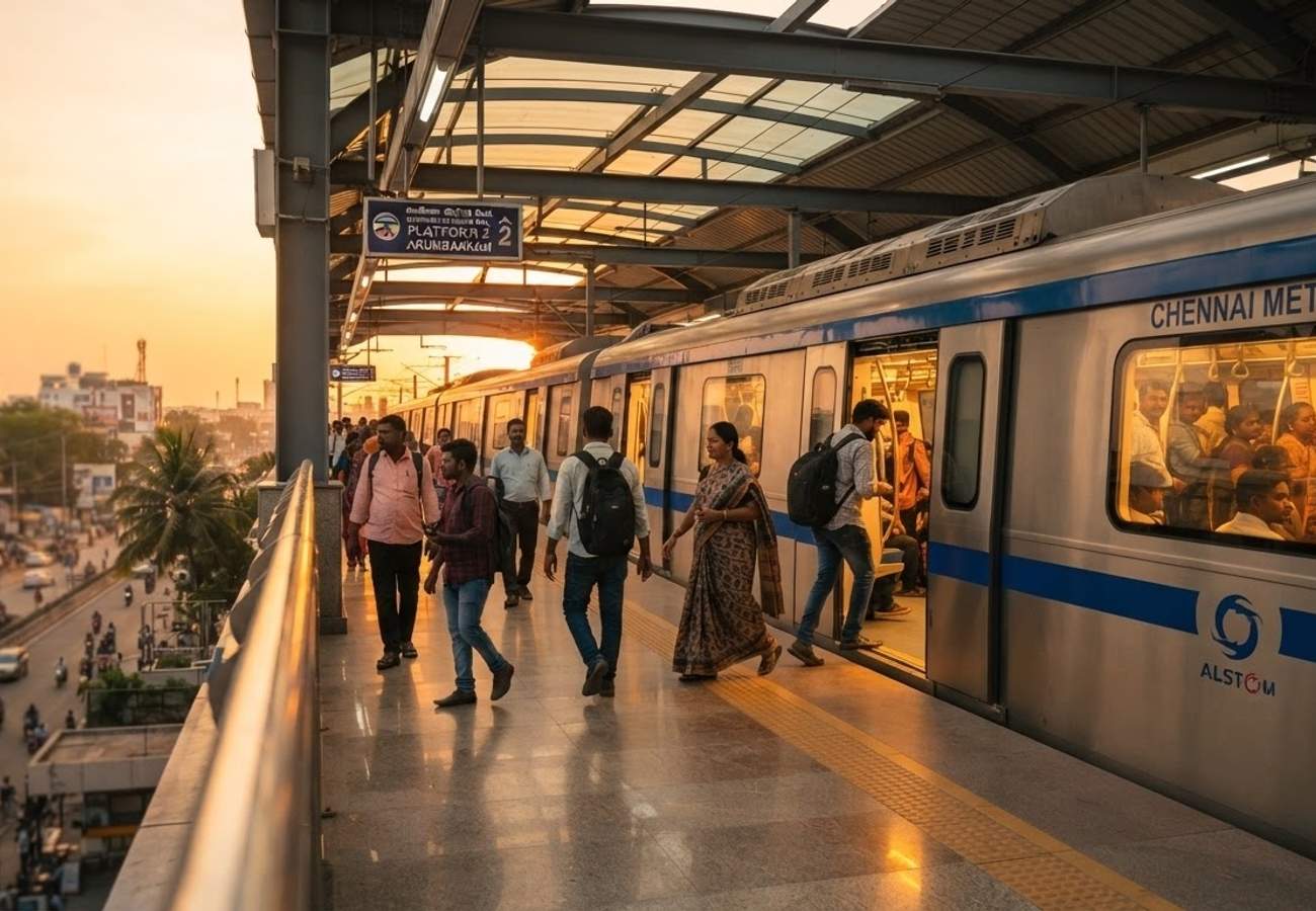 Chennai Metro train arriving at a modern urban station