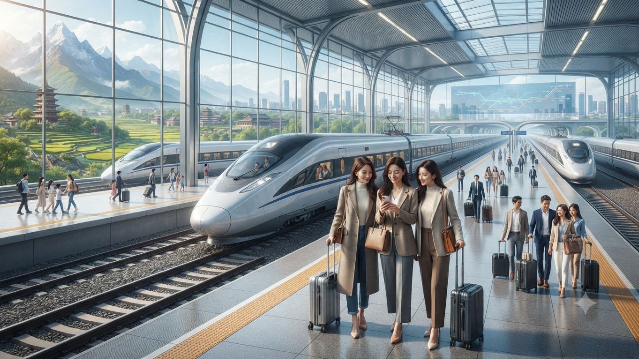 High-speed Fuxing bullet train arriving at a modern railway station terminal in China