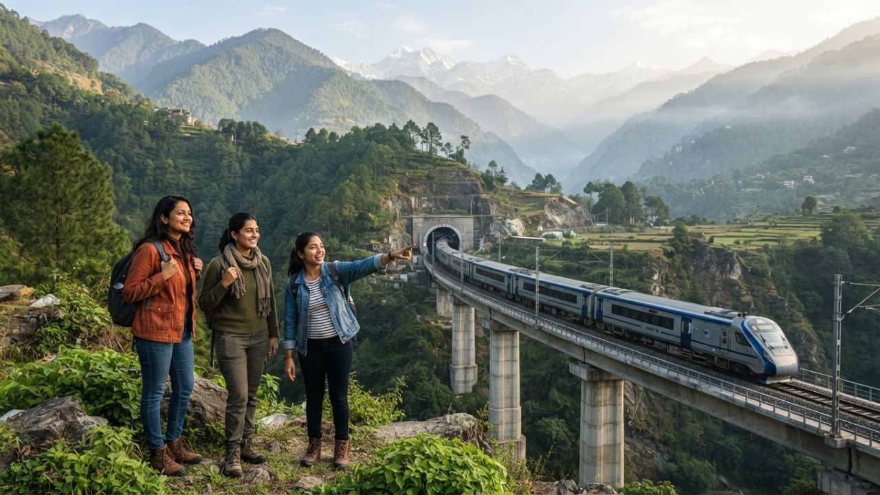 Modern electric passenger train emerging from a mountain tunnel near the emerald green river waters of the Garhwal Himalayas in Uttarakhand