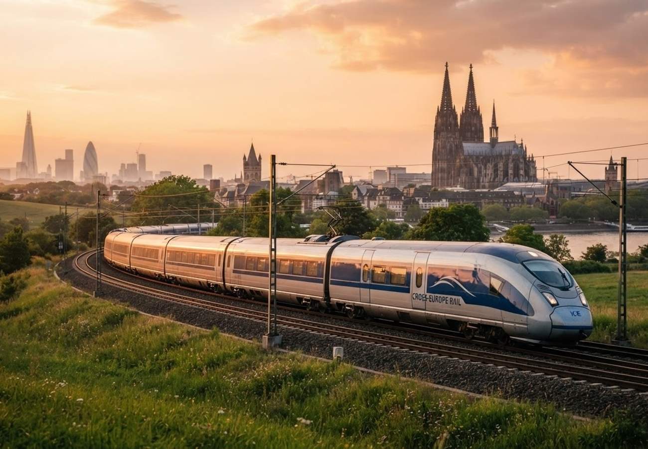 High-speed train traversing the European countryside connecting London and Cologne