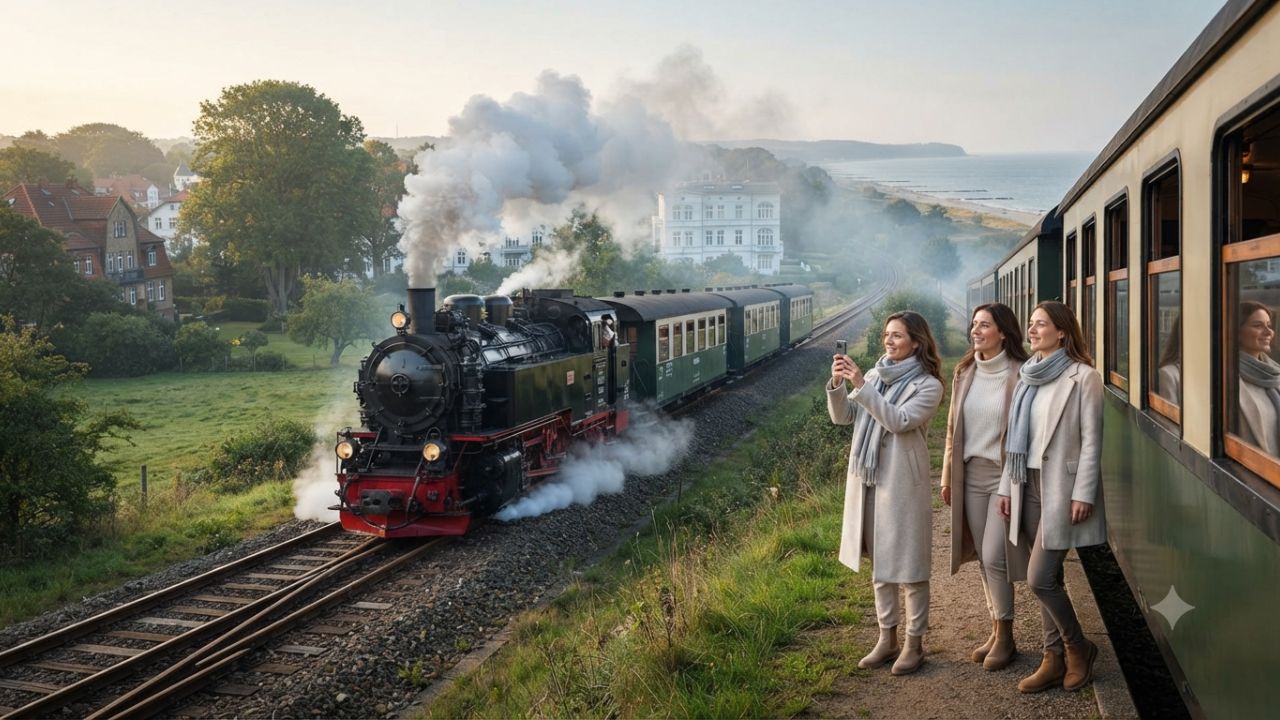Historic Molli narrow gauge steam locomotive traveling along Baltic coast route in Germany