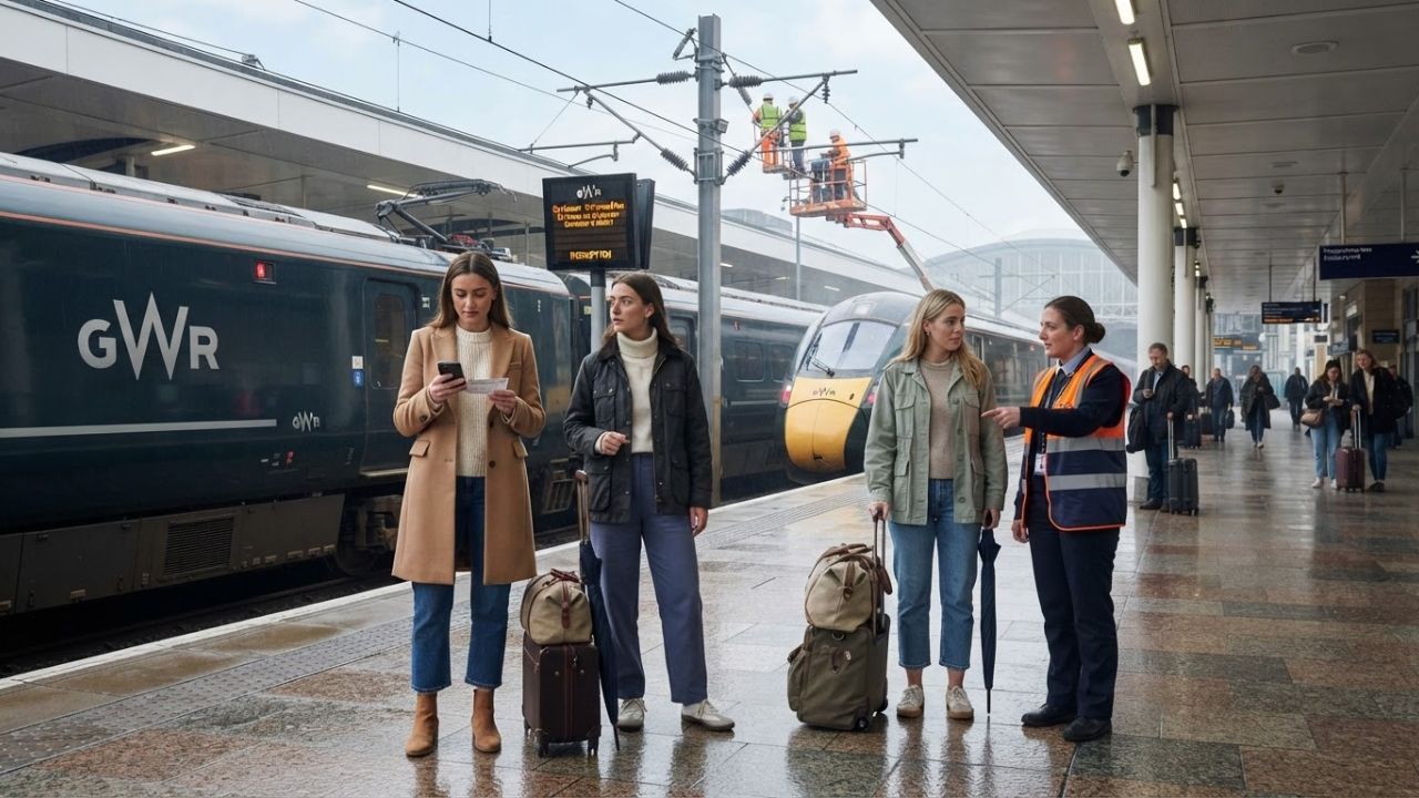 Electric GWR train standing at London Paddington station platform