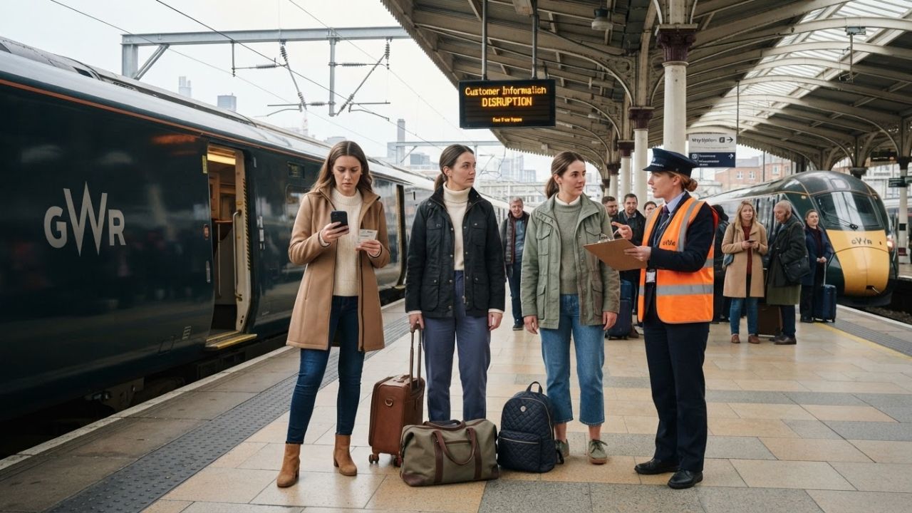 Great Western Railway train stopped at railway station with overhead line electric equipment in UK