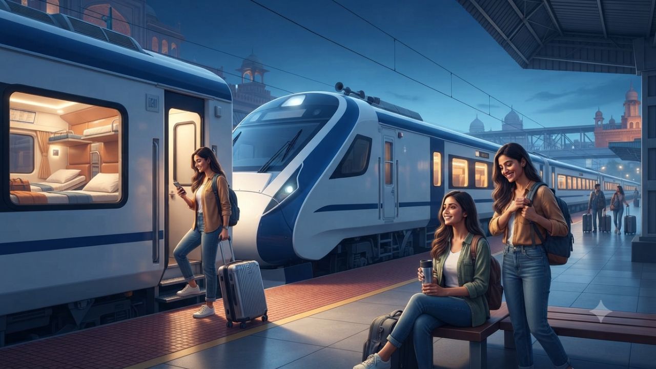 Modern sleeper Vande Bharat Express train on the Delhi-Varanasi railway line in India