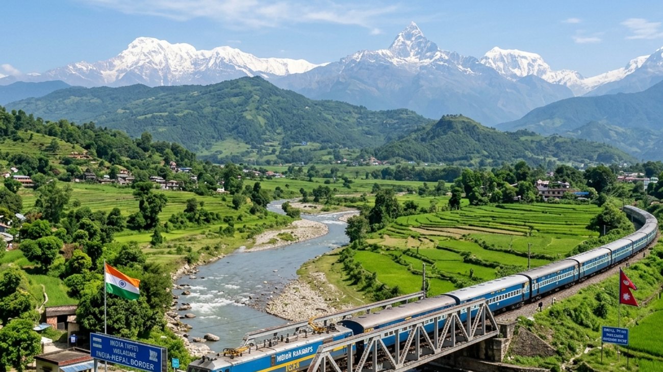 Passenger train crossing scenic India Nepal border near green Himalayan foothills