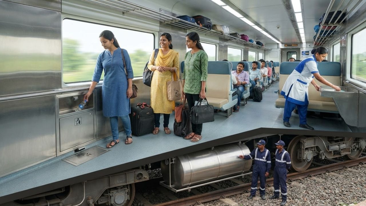Indian Railways Jhansi workshop 367 litre undergear garbage collector system on LHB coach chassis