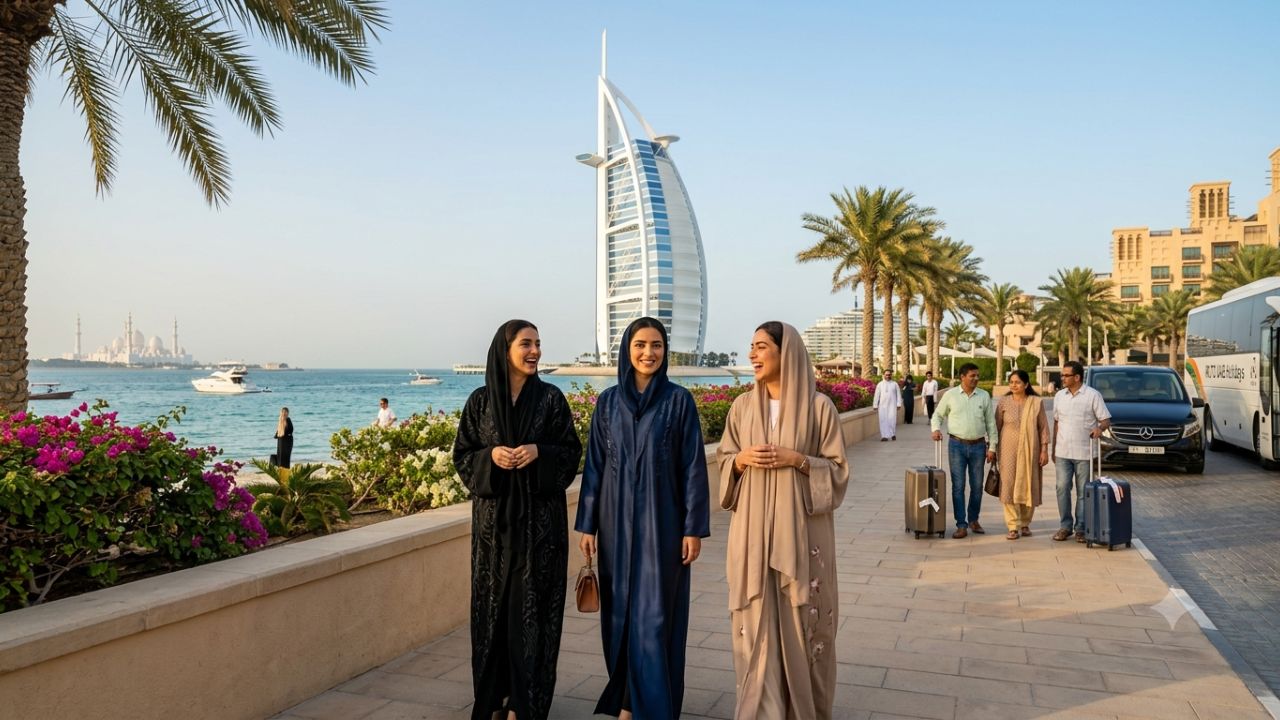 Modern skyline of Dubai waterfront with Burj Al Arab and luxury transit buses