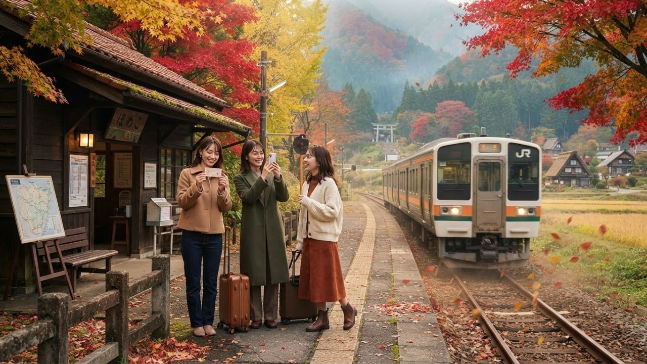 Japan Railway train travelling through autumn foliage scenery in rural Japan