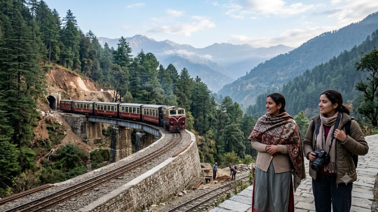 Kalka-Shimla Toy Train crossing a heritage arch bridge amidst lush Himalayan mountains