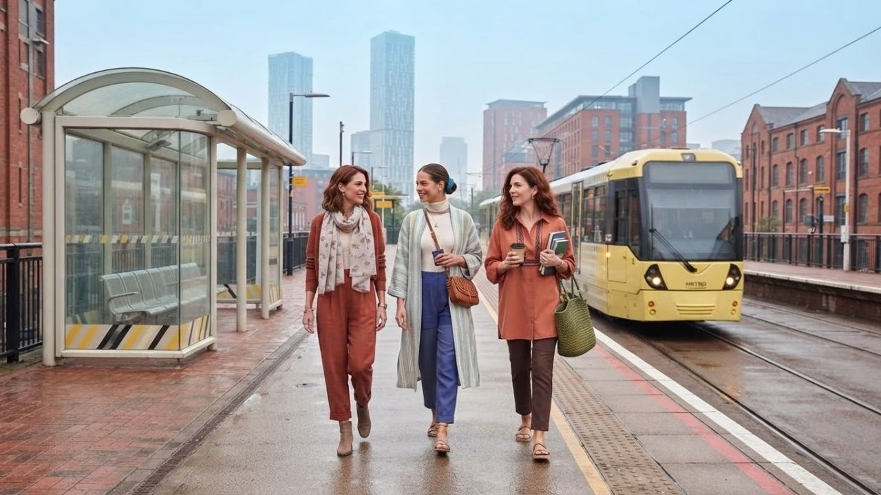 Yellow Bee Network Metrolink tram arriving at a station platform in Greater Manchester
