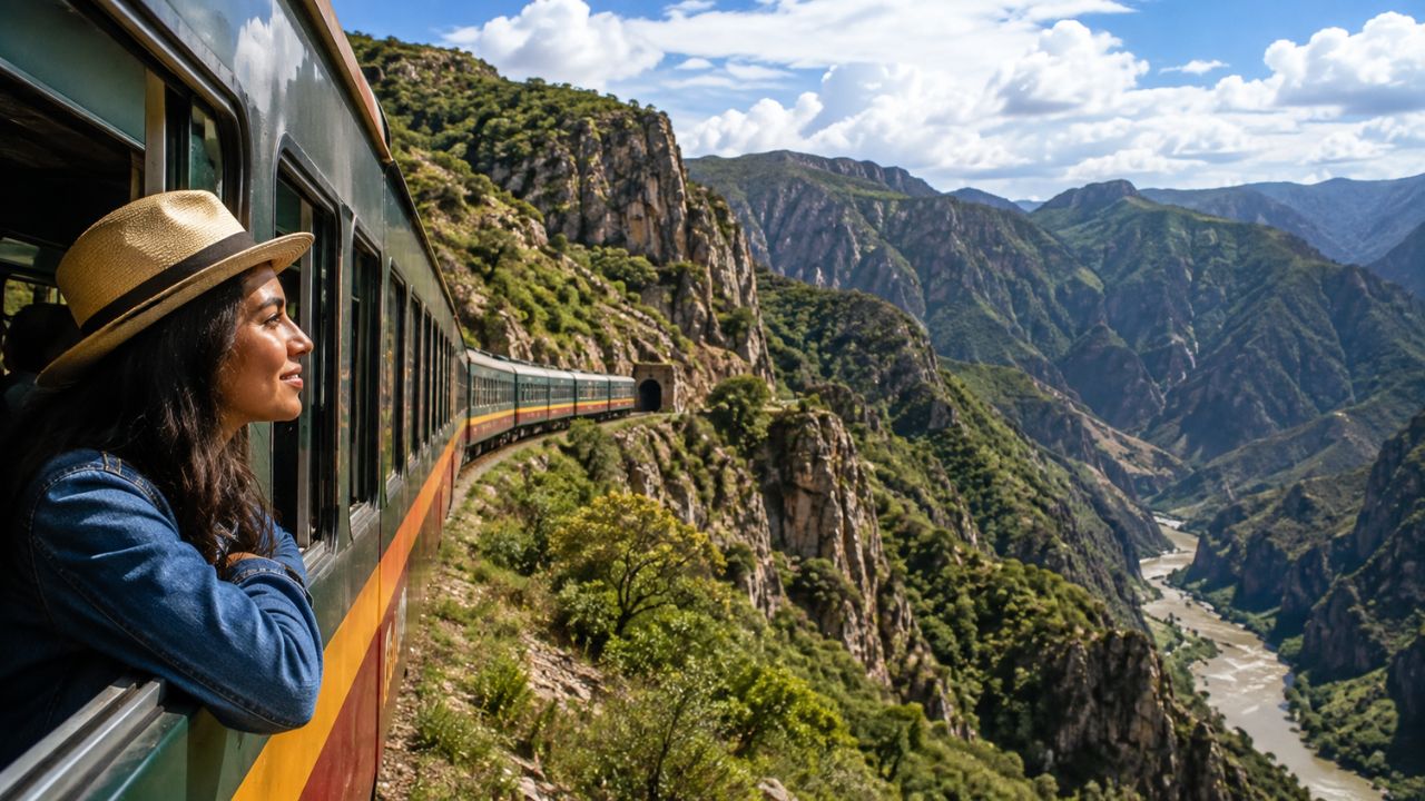 Chepe Express passenger train crossing mountain canyon bridge in Mexico