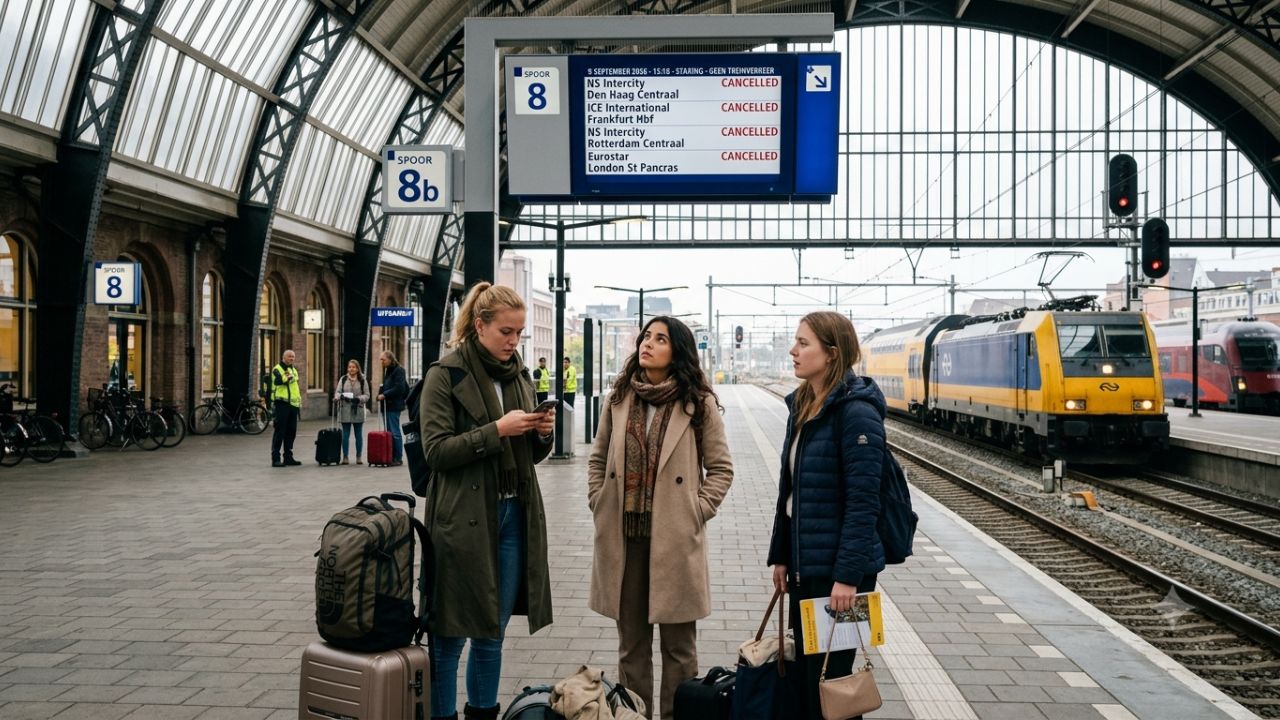 Dutch passenger train stationary at platform during rail strike disruption