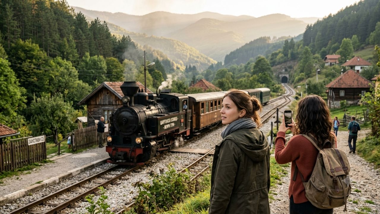 Šargan Eight steam train operating on narrow-gauge mountain tracks near Mokra Gora station in Serbia