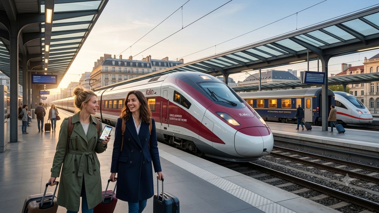 High-speed European international passenger train crossing a scenic transcontinental railway bridge