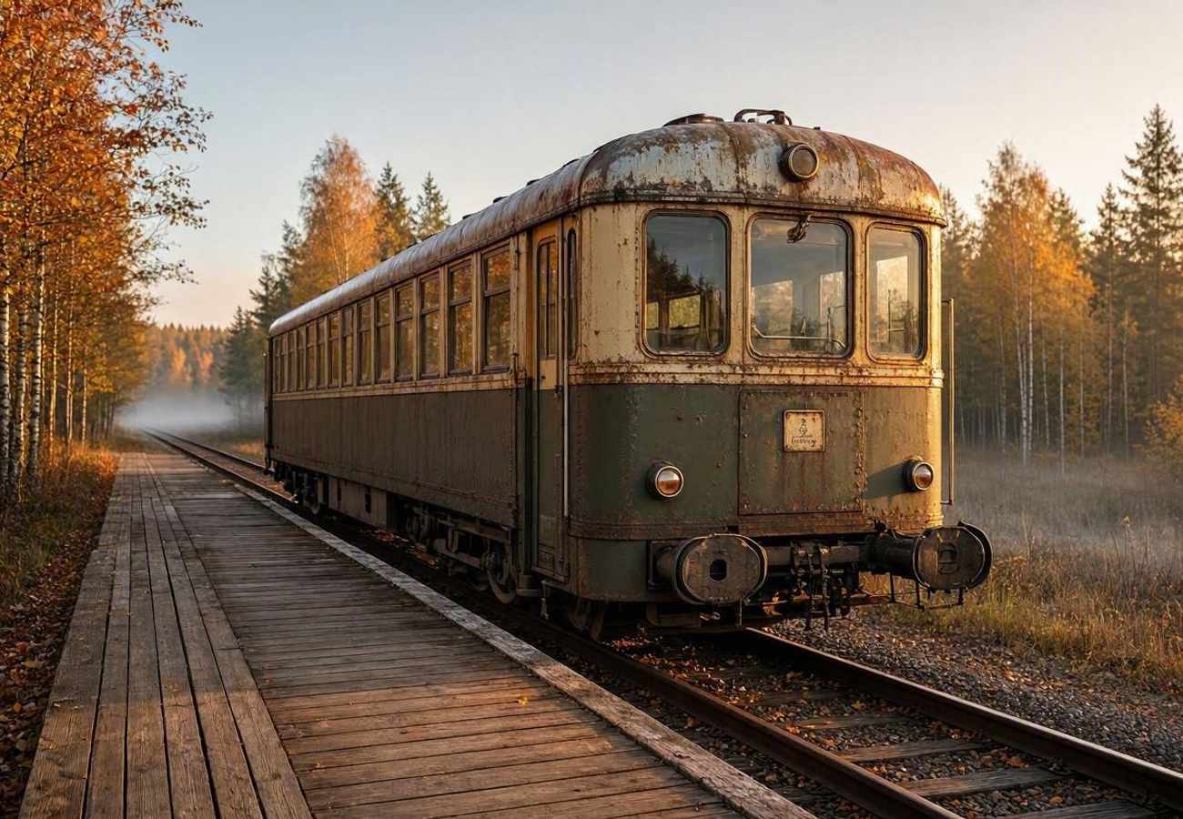 Inlandsbanan railbus traveling through the Swedish wilderness