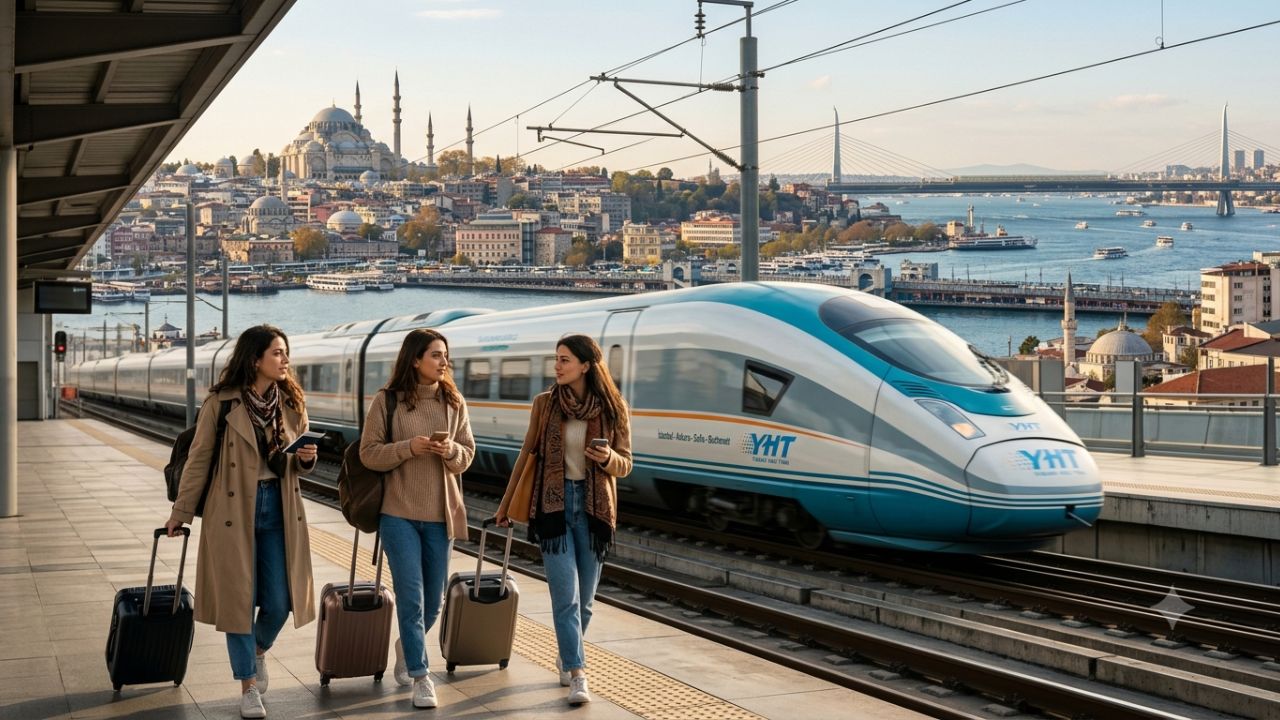 High-speed YHT train crossing the Bosphorus Marmaray rail corridor in Istanbul