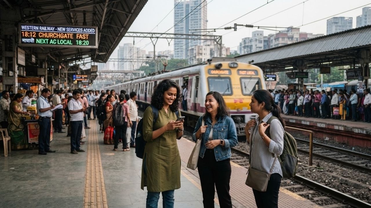 Western Railway AC local train arriving at Churchgate station platform in Mumbai