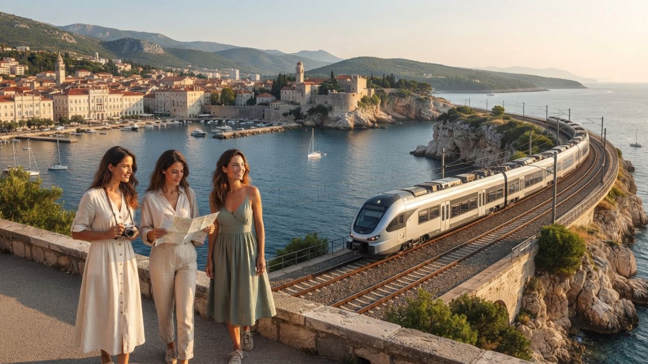 Passenger train travelling along the scenic Adriatic coast in Southern Europe