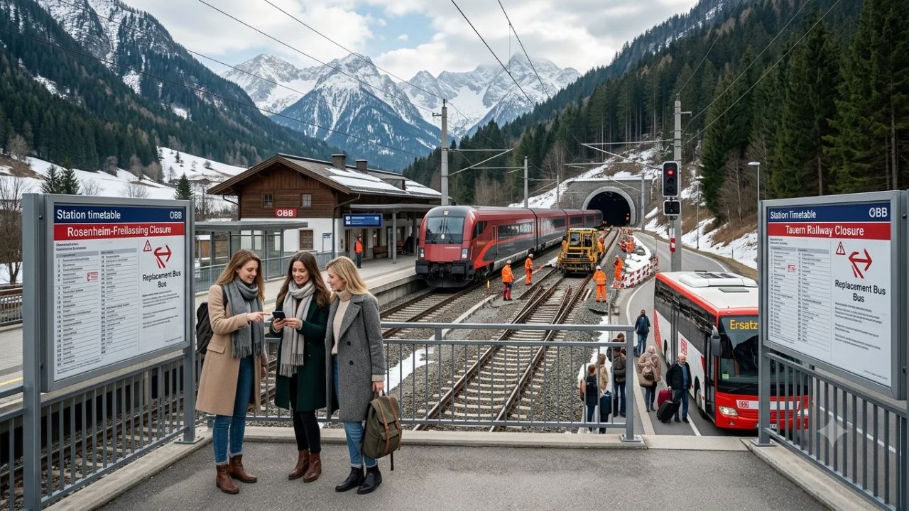 Modern red Austrian Railjet train traveling along a scenic Alpine railway line surrounded by snow-capped mountain peaks