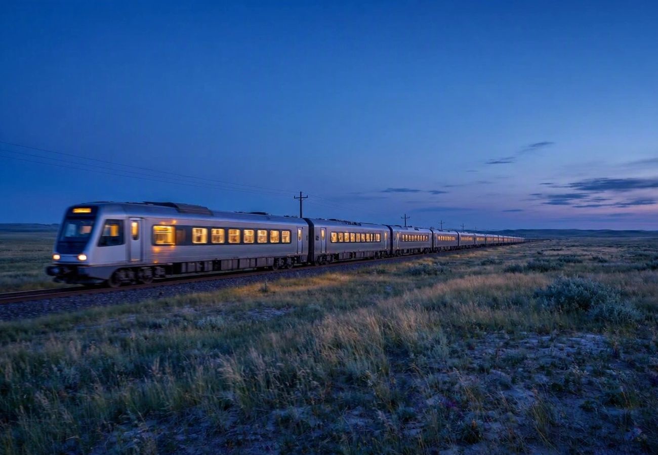 Modern rail and road infrastructure spanning the Central Asian steppe