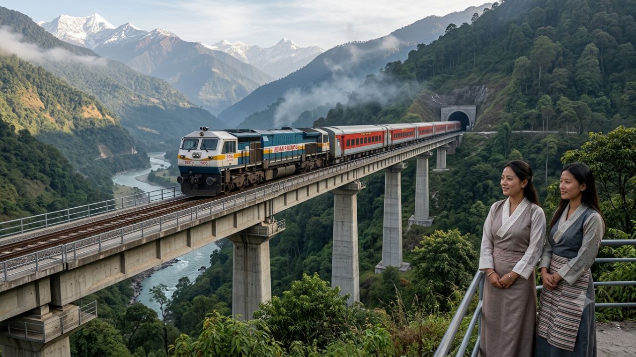 Scenic view of the Himalayan railway corridor under construction along the Teesta river valley in Sikkim
