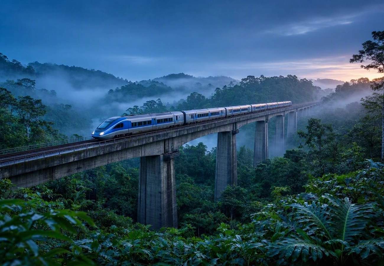 Modern high-speed train on the East Coast Rail Link track in Malaysia
