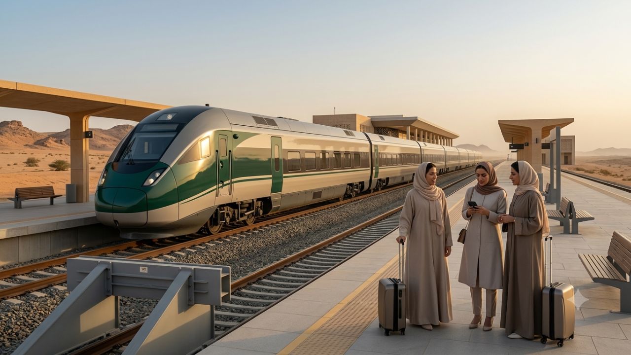 Modern Stadler intercity passenger train designed for desert conditions operating in Saudi Arabia