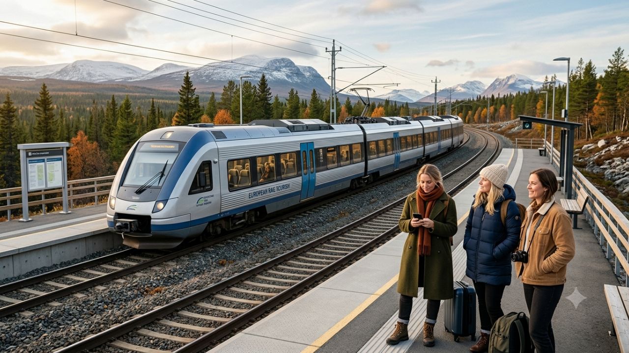 High-speed modern electric passenger train travelling through scenic snowy European landscapes
