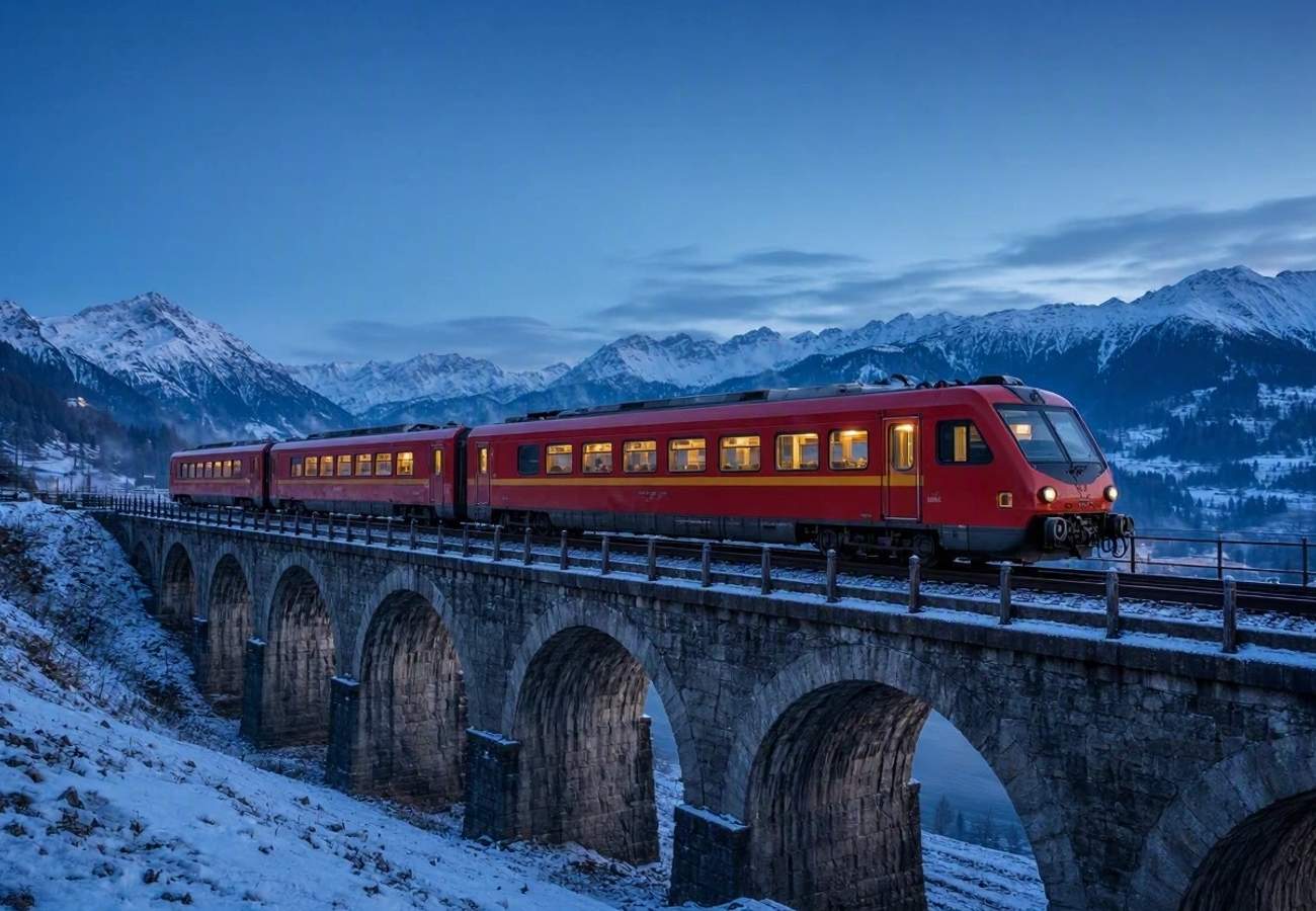 A panoramic Swiss train winding through snow-capped Alpine mountains