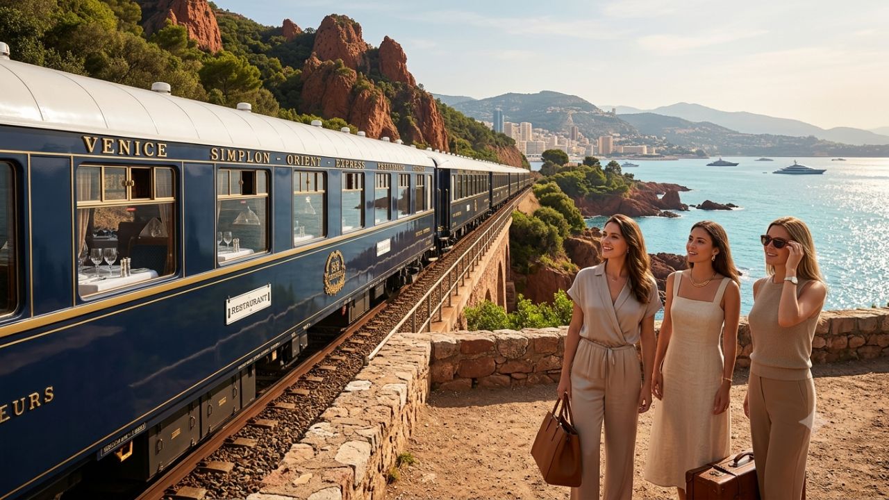Venice Simplon-Orient-Express luxury train arriving along the French Riviera near Monte Carlo