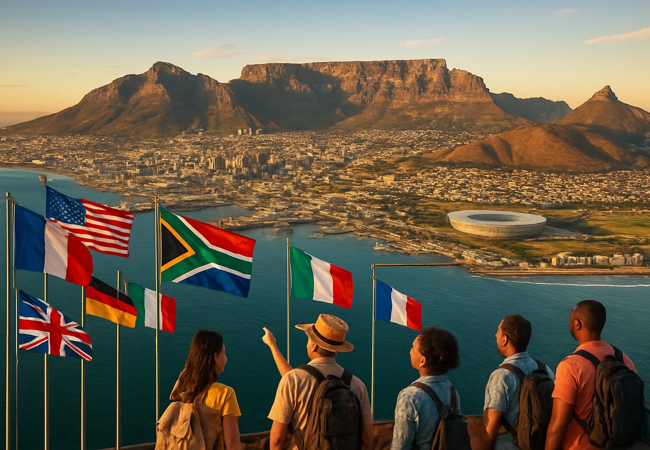 Table Mountain and Cape Town skyline with international flight arrivals digitally enhanced, representing South Africa's new visa-free policy for 93 countries