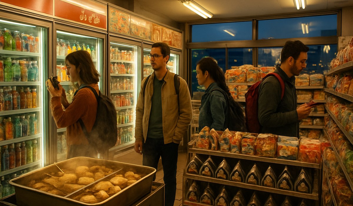 International tourists exploring a brightly lit convenience store in Tokyo, Japan, 2026