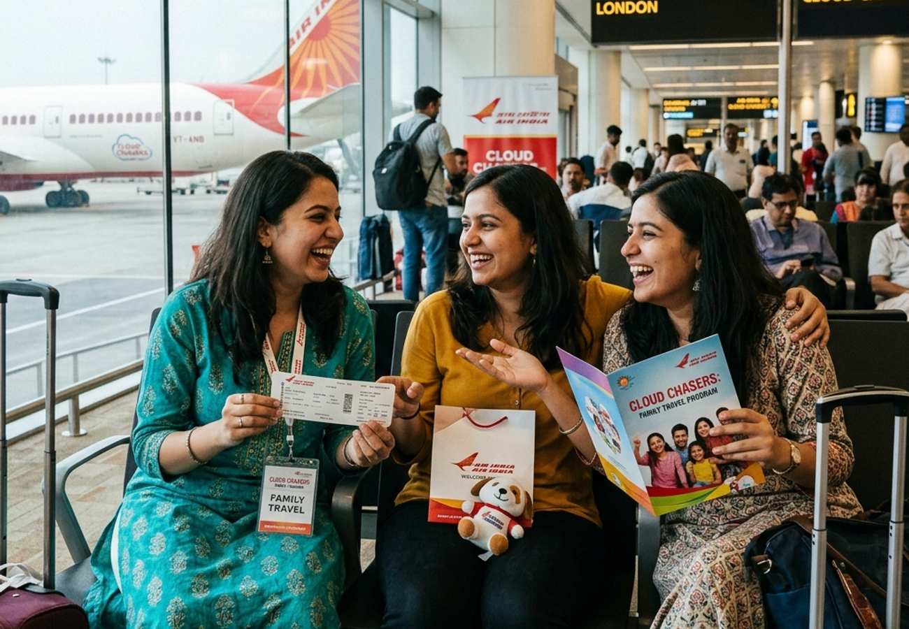 Two beautiful young Indian women looking engaged and happy in an airport terminal, celebrating Air India's new family travel program.
