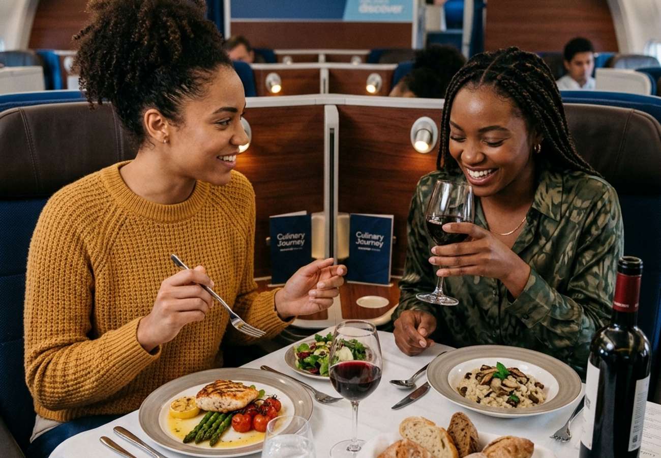 Three beautiful young African women enjoying a gourmet meal together in an airport lounge, highlighting the new Discover Airlines dining service.