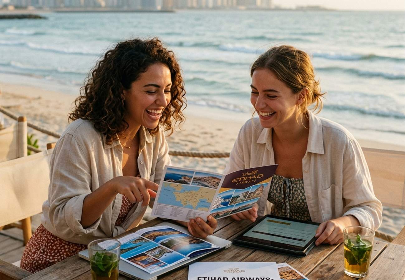 Two beautiful young women excitedly planning a summer holiday with travel brochures on a beach, highlighting Etihad's new summer deals.
