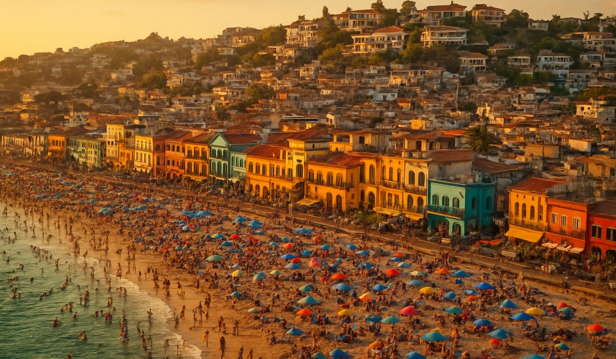 Crowded coastal tourism scene contrasting wealthy and developing nation approaches to visitor management in 2026