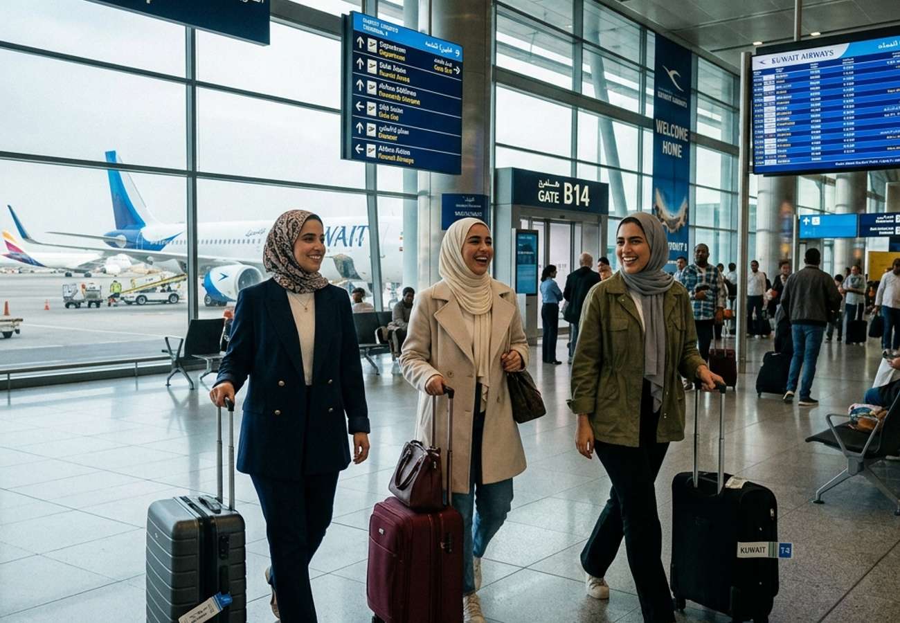 Two beautiful young Kuwaiti women smiling and walking with their luggage in a modern airport terminal, symbolizing the resumption of Gulf travel.