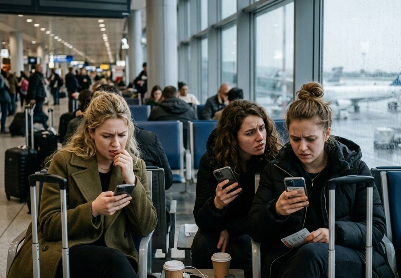 Three beautiful young European local women sitting together at an airport terminal looking concerned about their travel plans amidst Ryanair flight cuts.