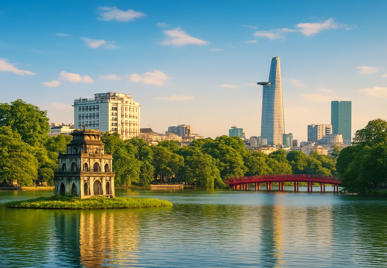 A high-end cinematic wide-angle shot of the Temple of Literature in Hanoi, with a digital overlay showing 'Vietnam: Tourism Powerhouse 2026' and 'Cultural Resilience', with icons representing the Vietnamese flag and global energy stability symbols