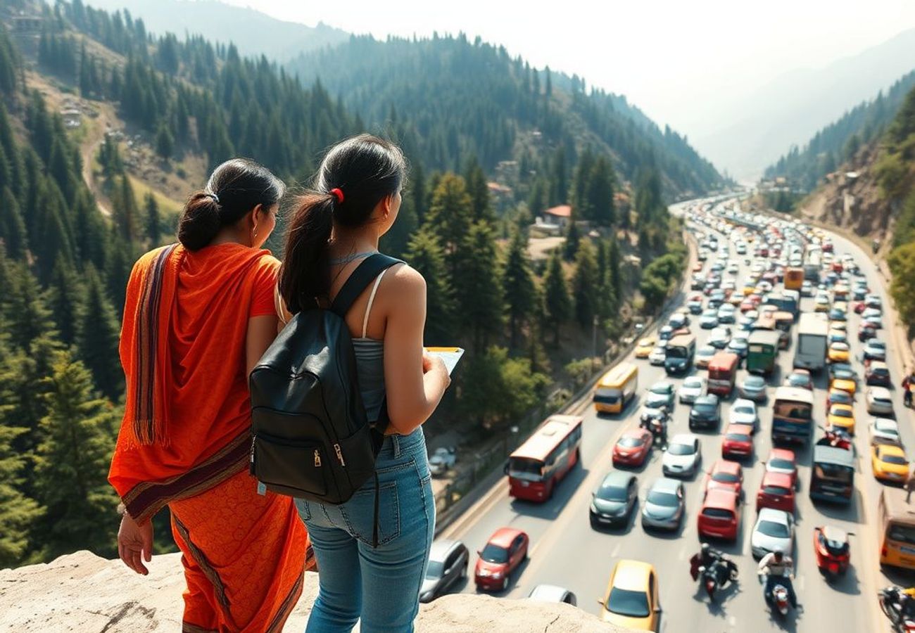 Aerial view of traffic congestion on Cart Road in Shimla during peak summer season