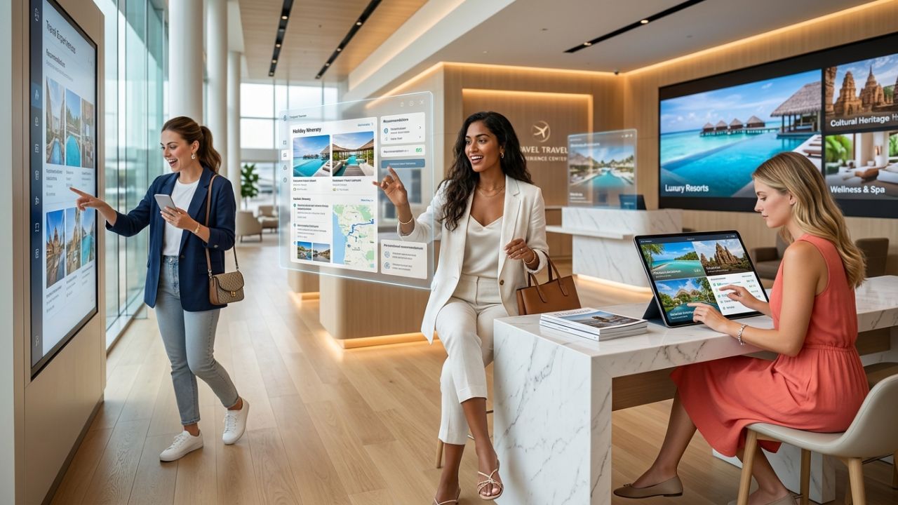 A traveler using an advanced AI smartphone app to instantly reroute their itinerary and bypass severe travel chaos and airport disruptions at a crowded terminal