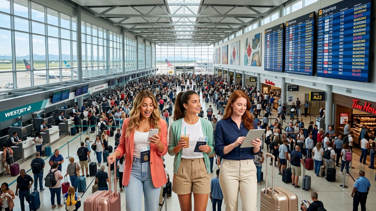 Global tourists navigating massive crowds and travel chaos inside Calgary International Airport as they arrive for the 2026 Calgary Stampede