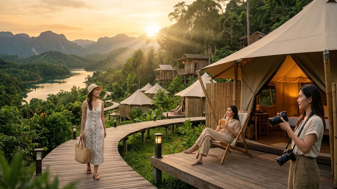 A highly sustainable luxury glamping site in a remote Asia Pacific forest, offering travelers a pristine sanctuary far removed from the intense travel chaos of major airports.