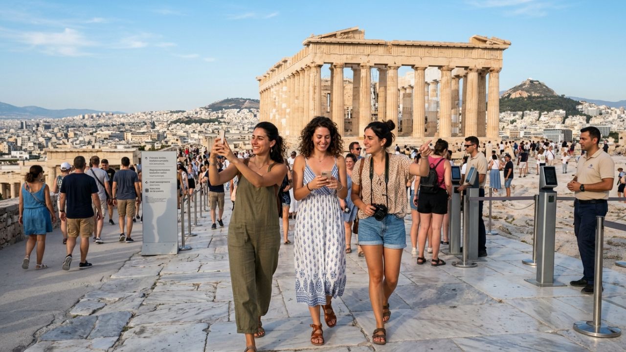 Crowds of tourists navigating the controlled entry points at the Acropolis in Athens under the new 2026 sustainable tourism regulations