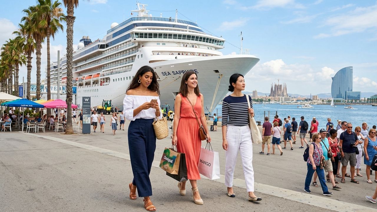 A massive cruise ship docked at a heavily congested Barcelona terminal, illustrating the severe travel chaos and extreme passenger density triggering the new €30 day-tripper tax